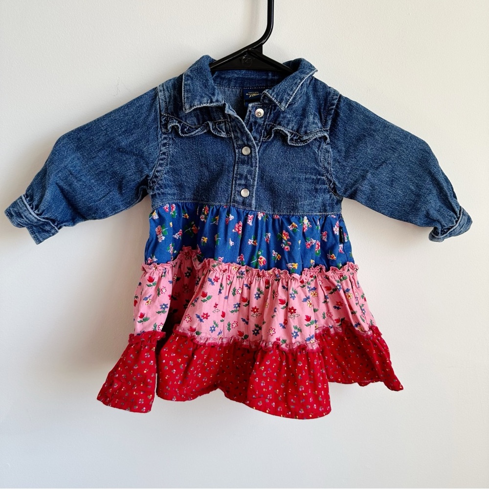 Oshkosh B’Gosh Floral Tiered Ruffle Denim Pearl Snap Embroidered Dress 12 months